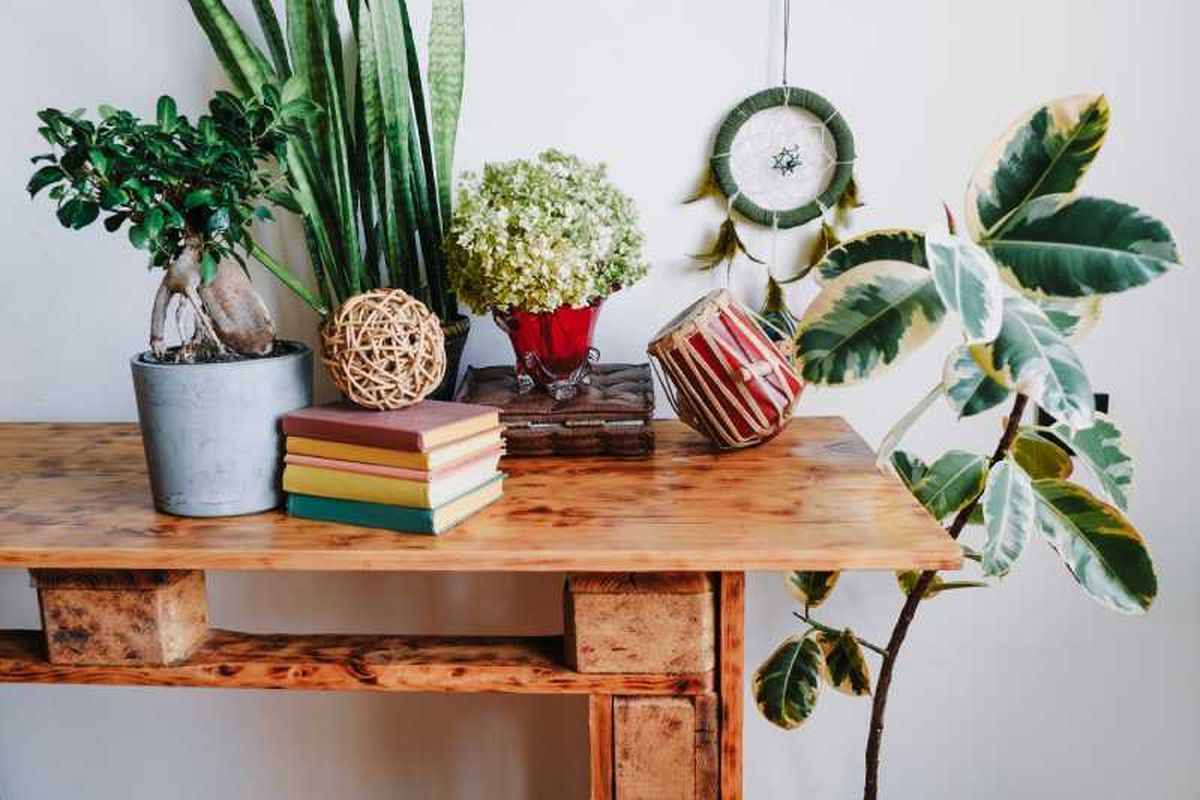 Mesa de madera decorada con libros, plantas y otros complementos.