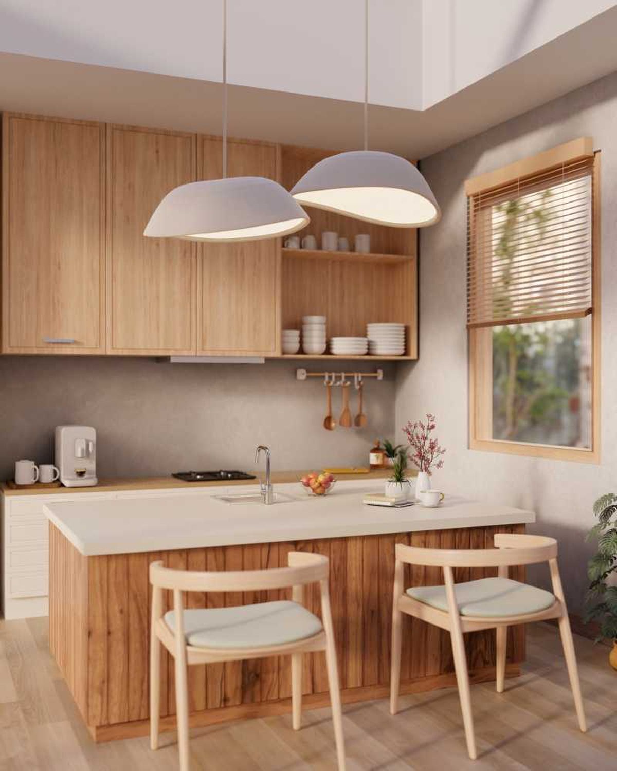 Cocina decorada en madera con luz neutra.