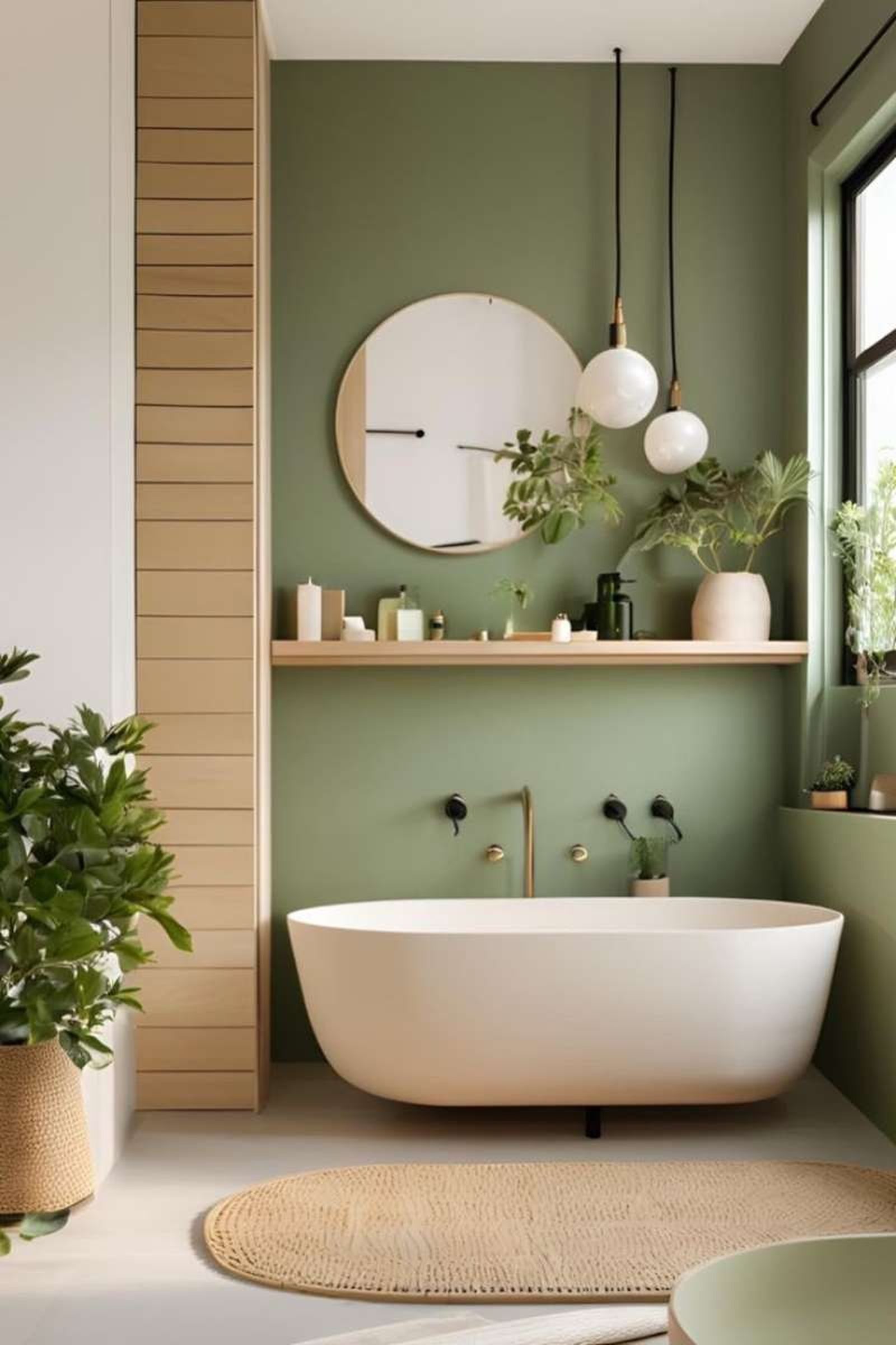 Baño de estilo nórdico con pared verde y bañera.