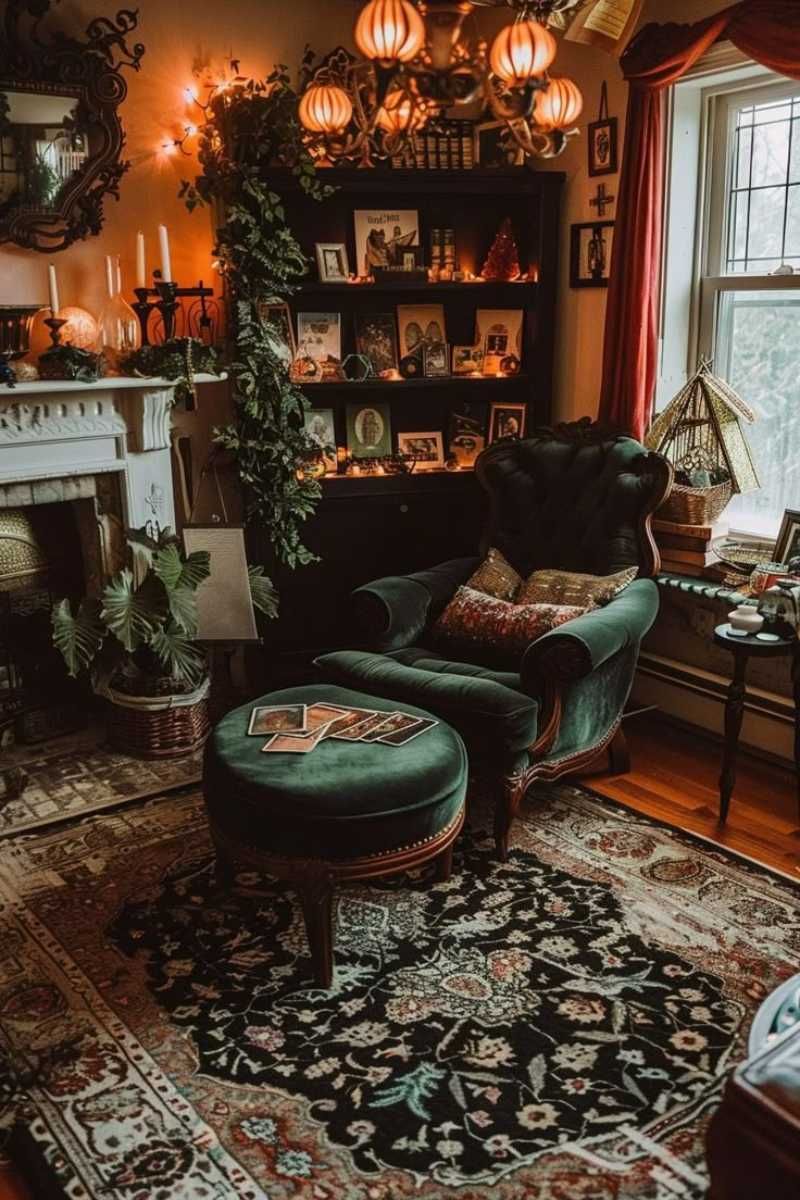 Salón elegante con decoración witchy.