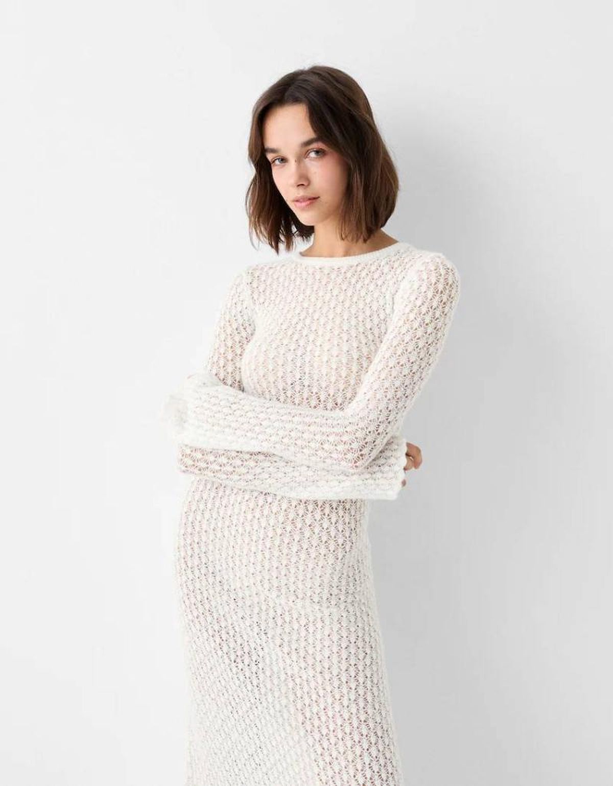 vestido largo punto calado blanco bershka