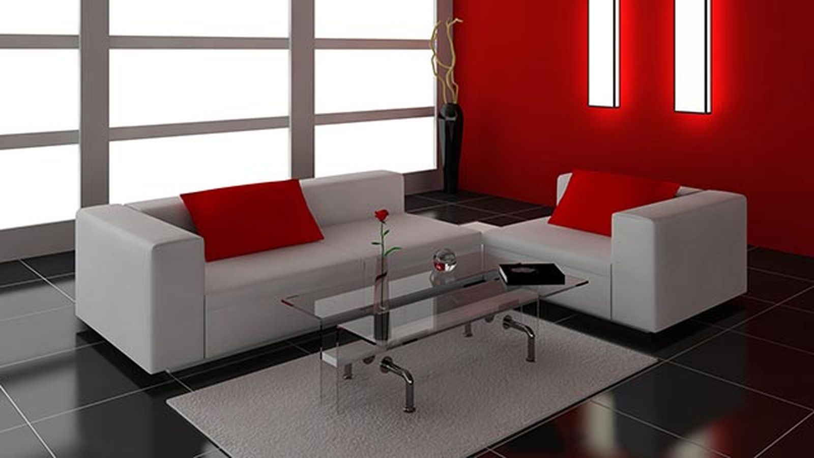 Decorar salón en rojo, negro y gris   Suelo oscuro