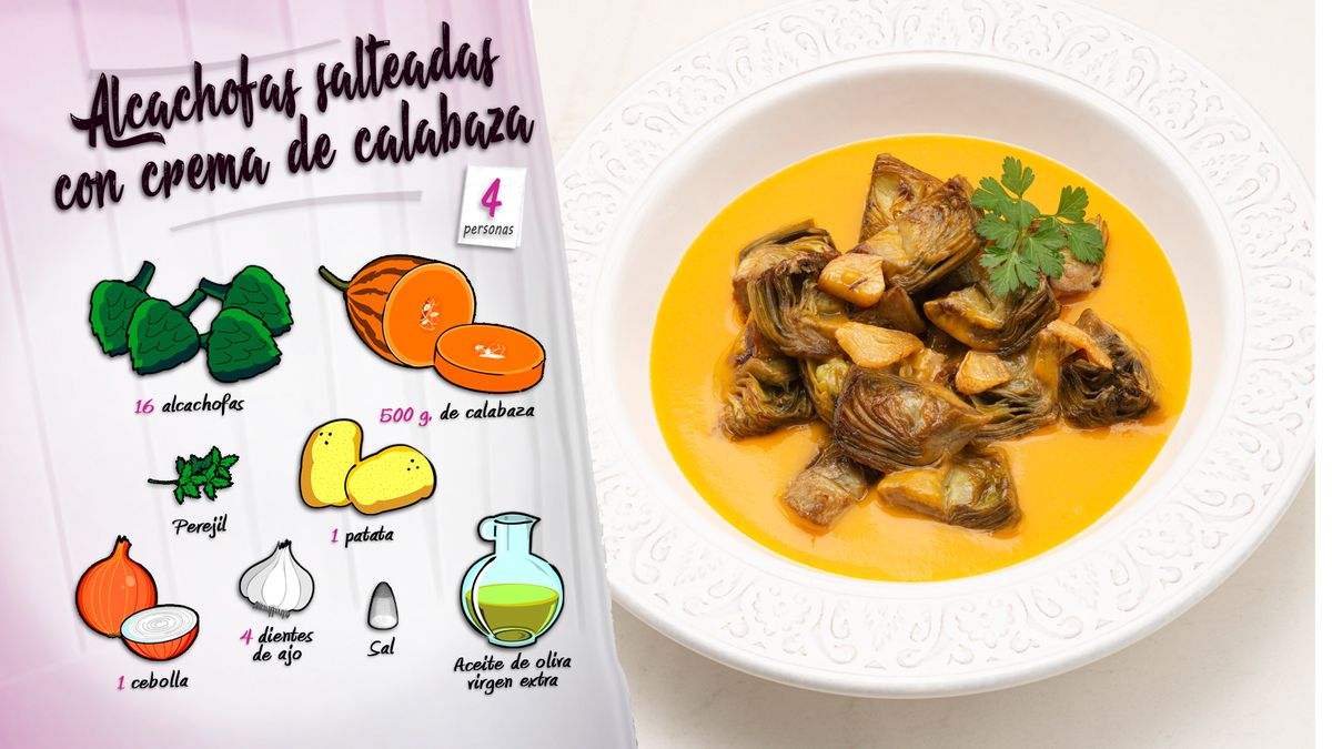KARL66710320 alcachofas salteadas con crema de calabaza receta karlos arguinano ingredientes