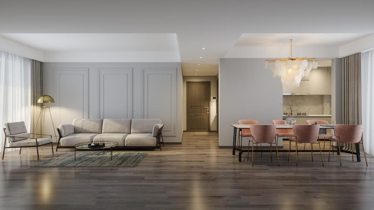 Salón comedor muy amplio con mezcla de texturas en la decoración.