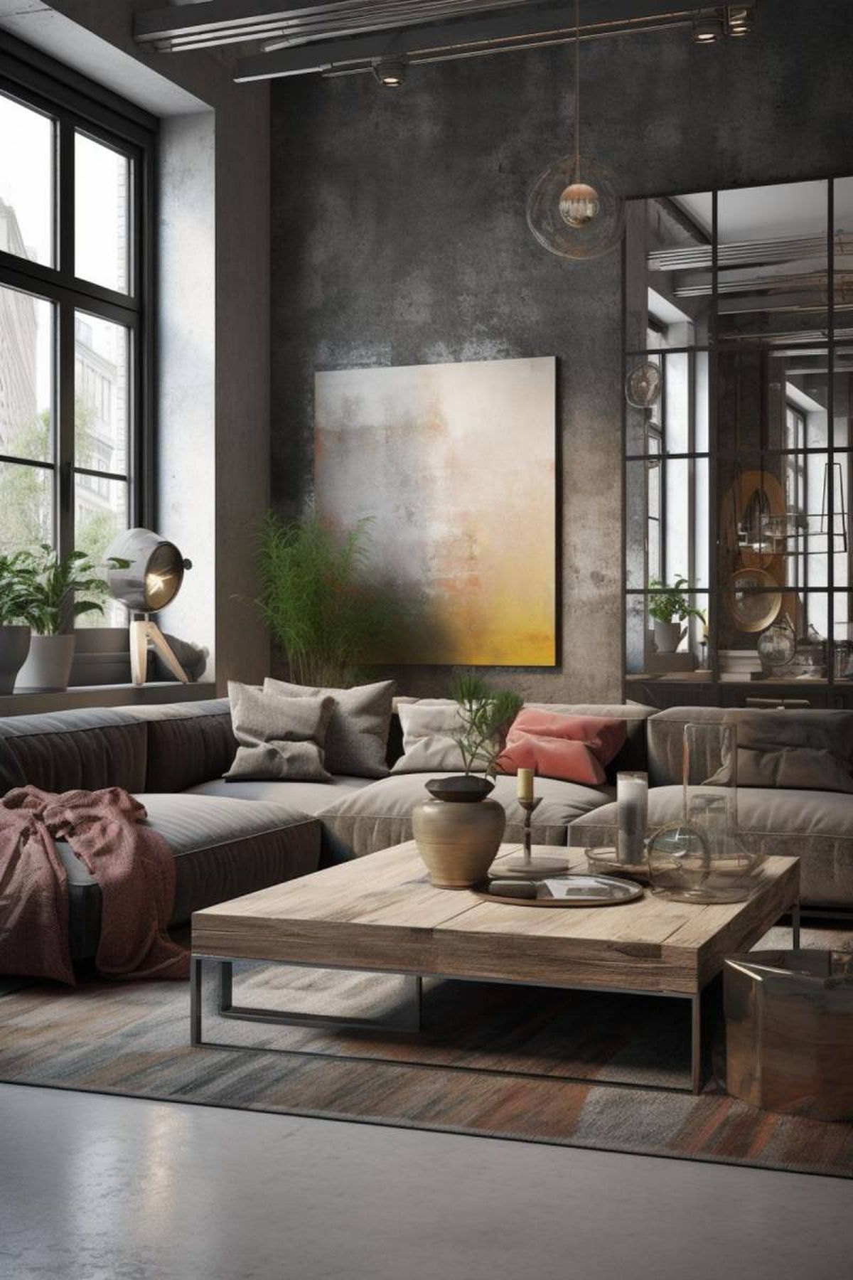 Salón industrial con cuadro abstracto.