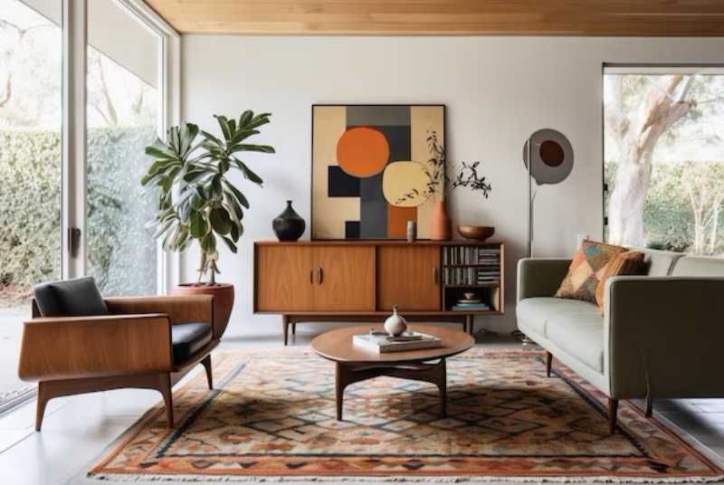Salón con muebles vintage de madera.