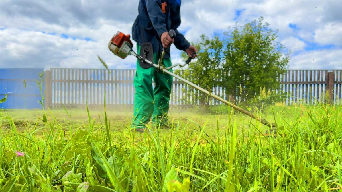 Hombre utilizando una desbrozadora en el jardín