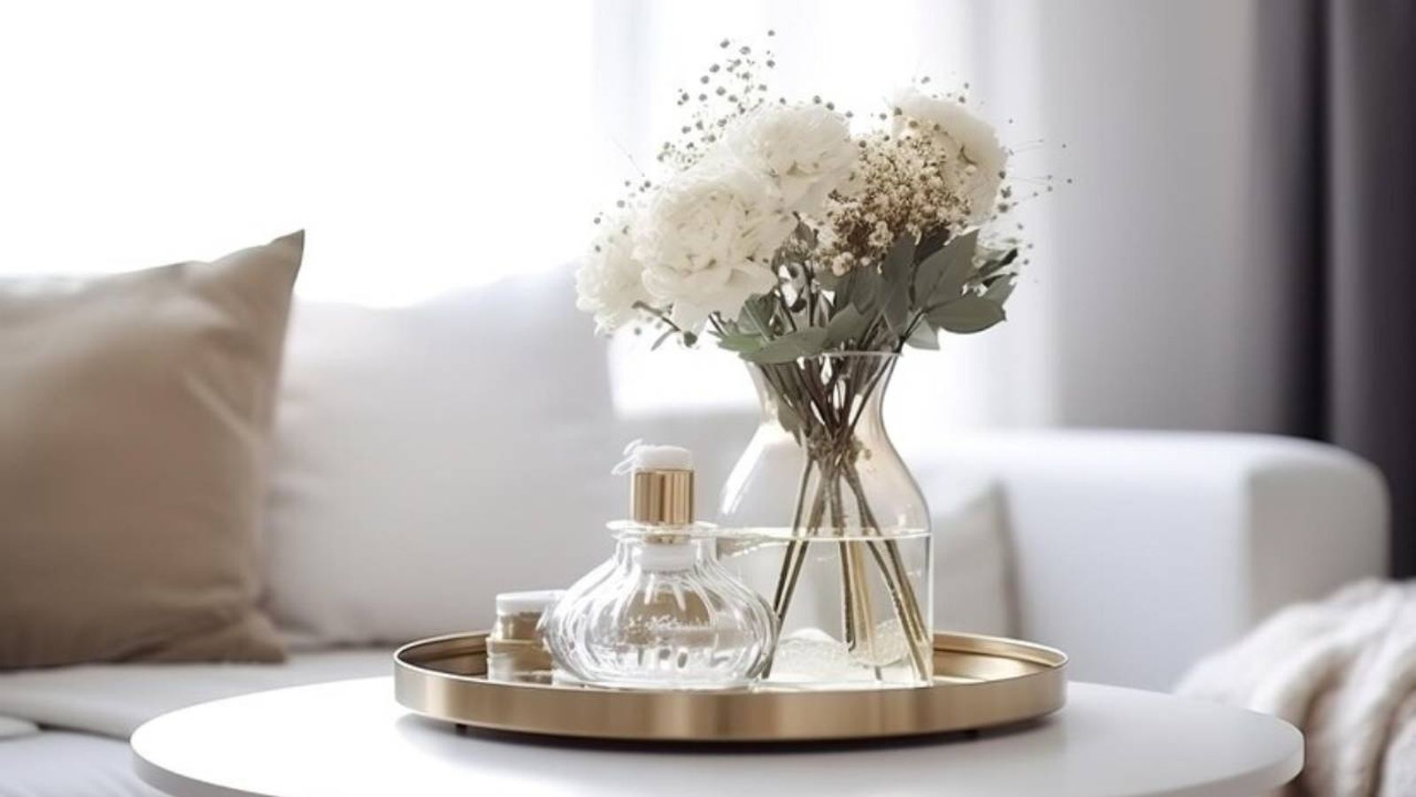 Mesa de centro con flores blancas.