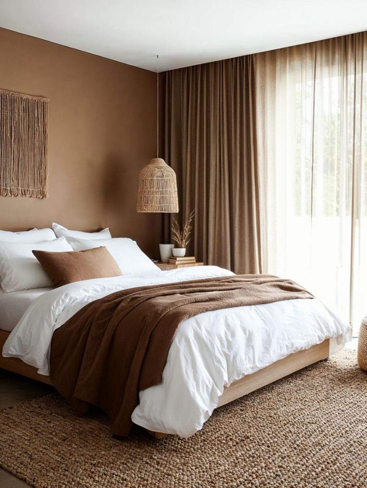 Dormitorio acogedor con pared mocha mousse.