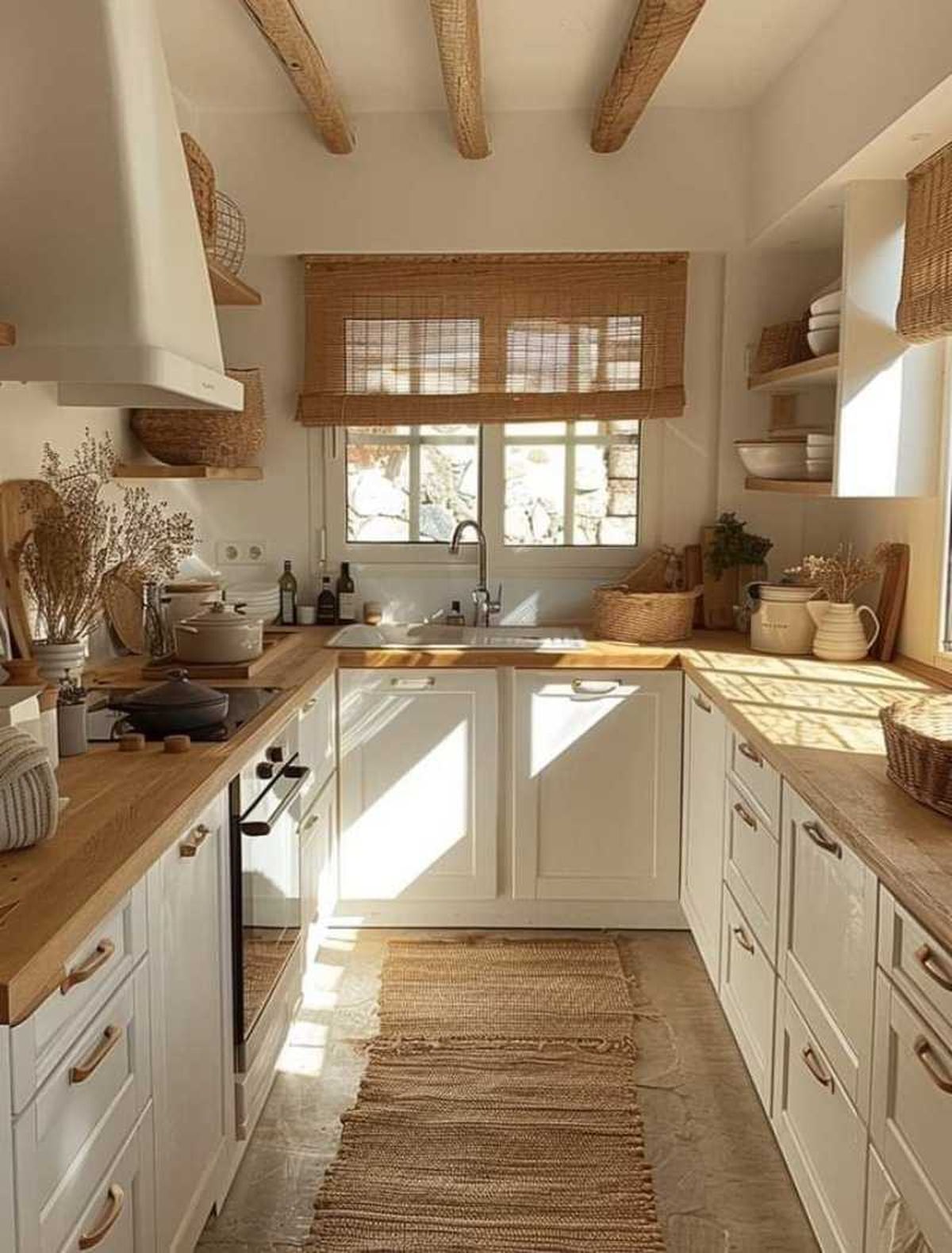 Cocina acogedora con elementos naturales.