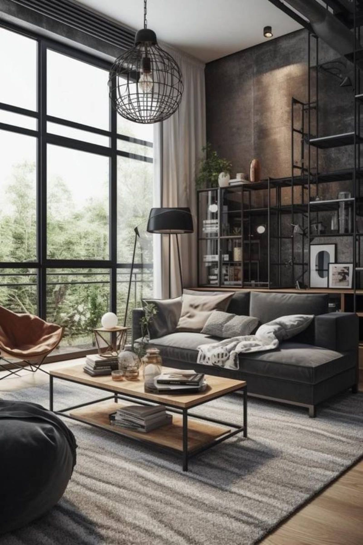 Salón de estilo industrial y moderno.