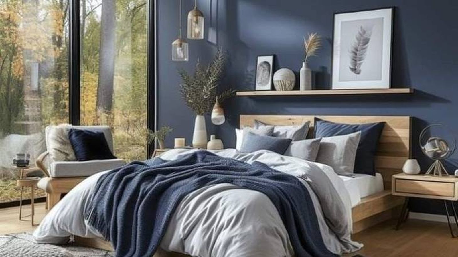 Dormitorio azul marino con repisa para cuadros y complementos.
