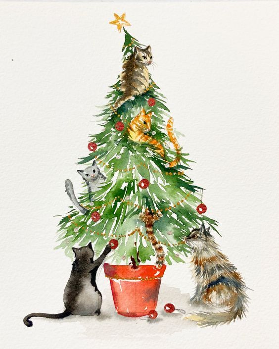 acuarela navidad gatos