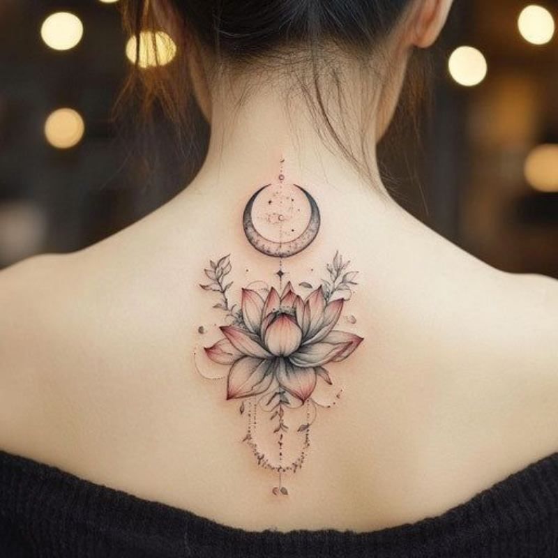 Tatuaje de una flor de loto en la espalda