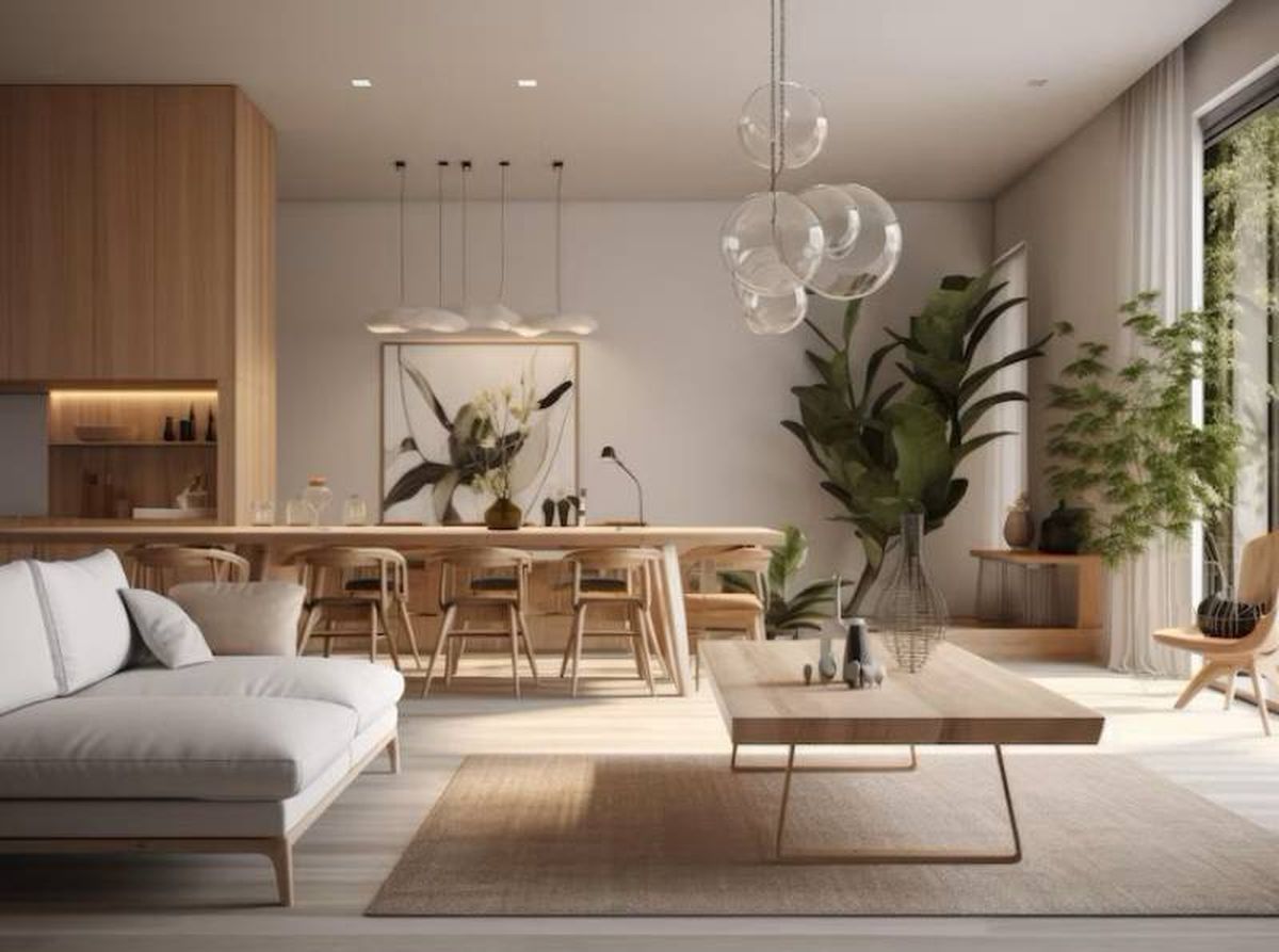 Salón comedor amplio de una casa minimalista decorado en madera.