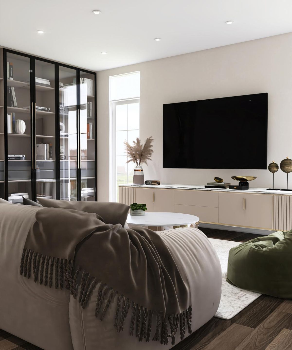 Salón moderno de estilo minimalista con vitrina.