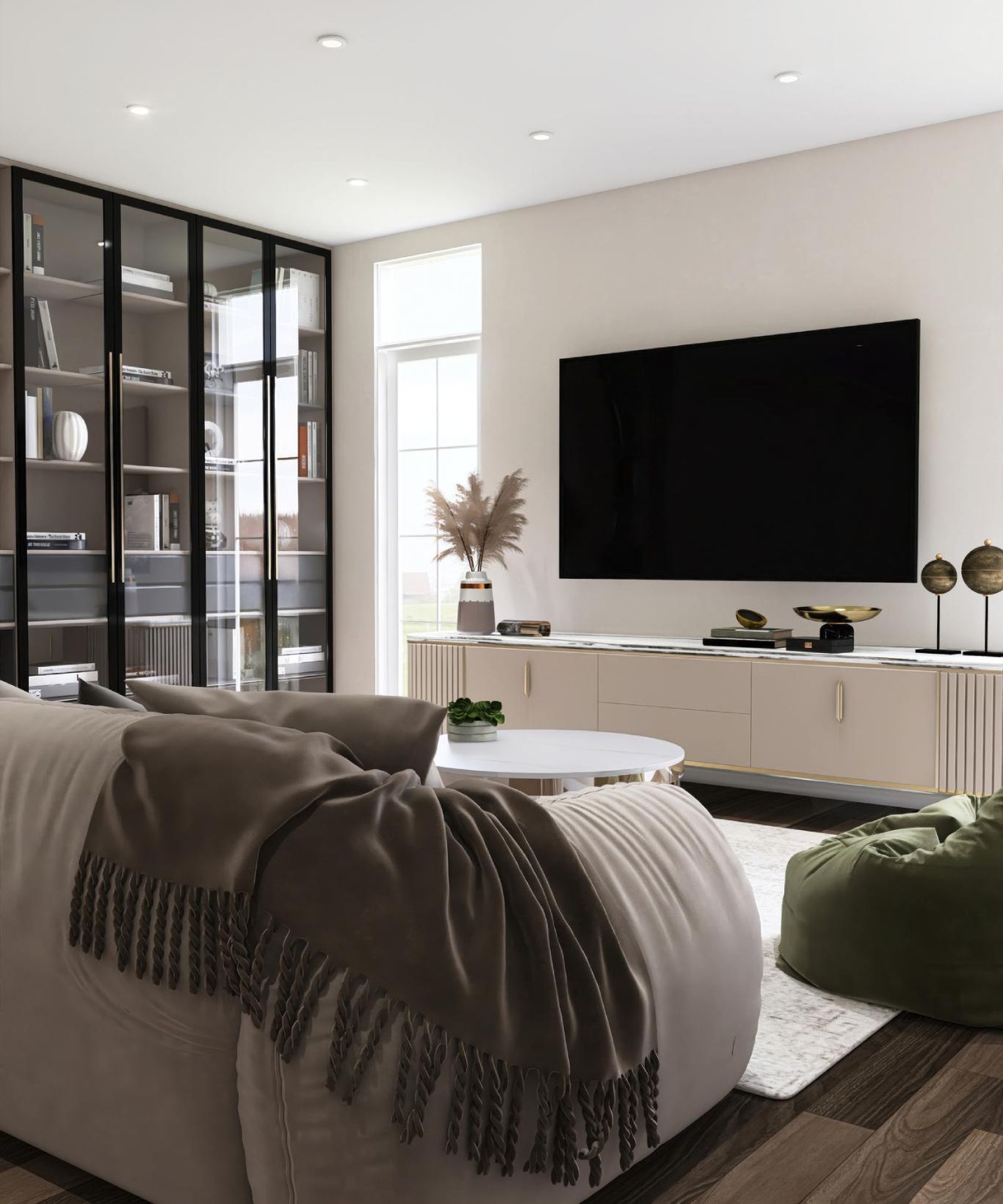 Salón moderno de estilo minimalista con vitrina.