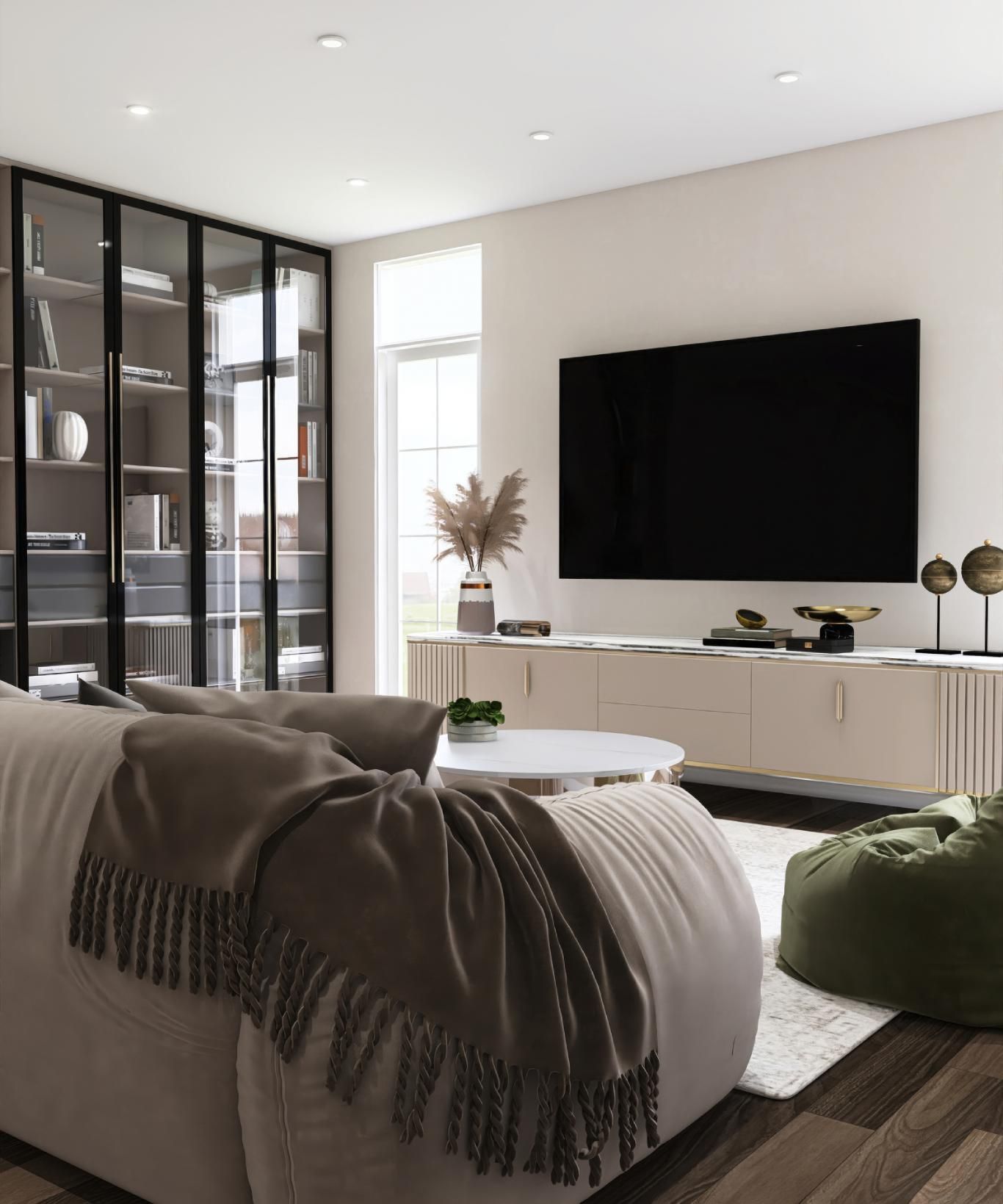 Salón moderno de estilo minimalista con vitrina.