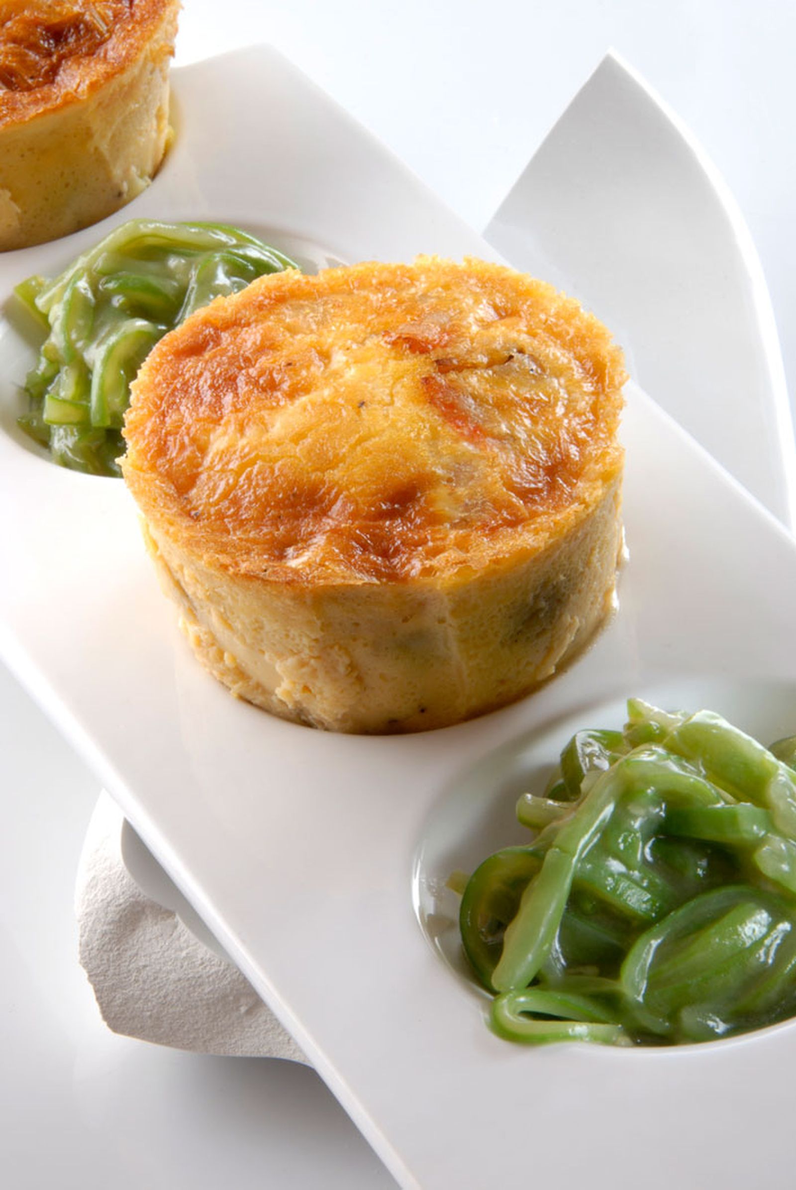 Flan de puerros y gambas