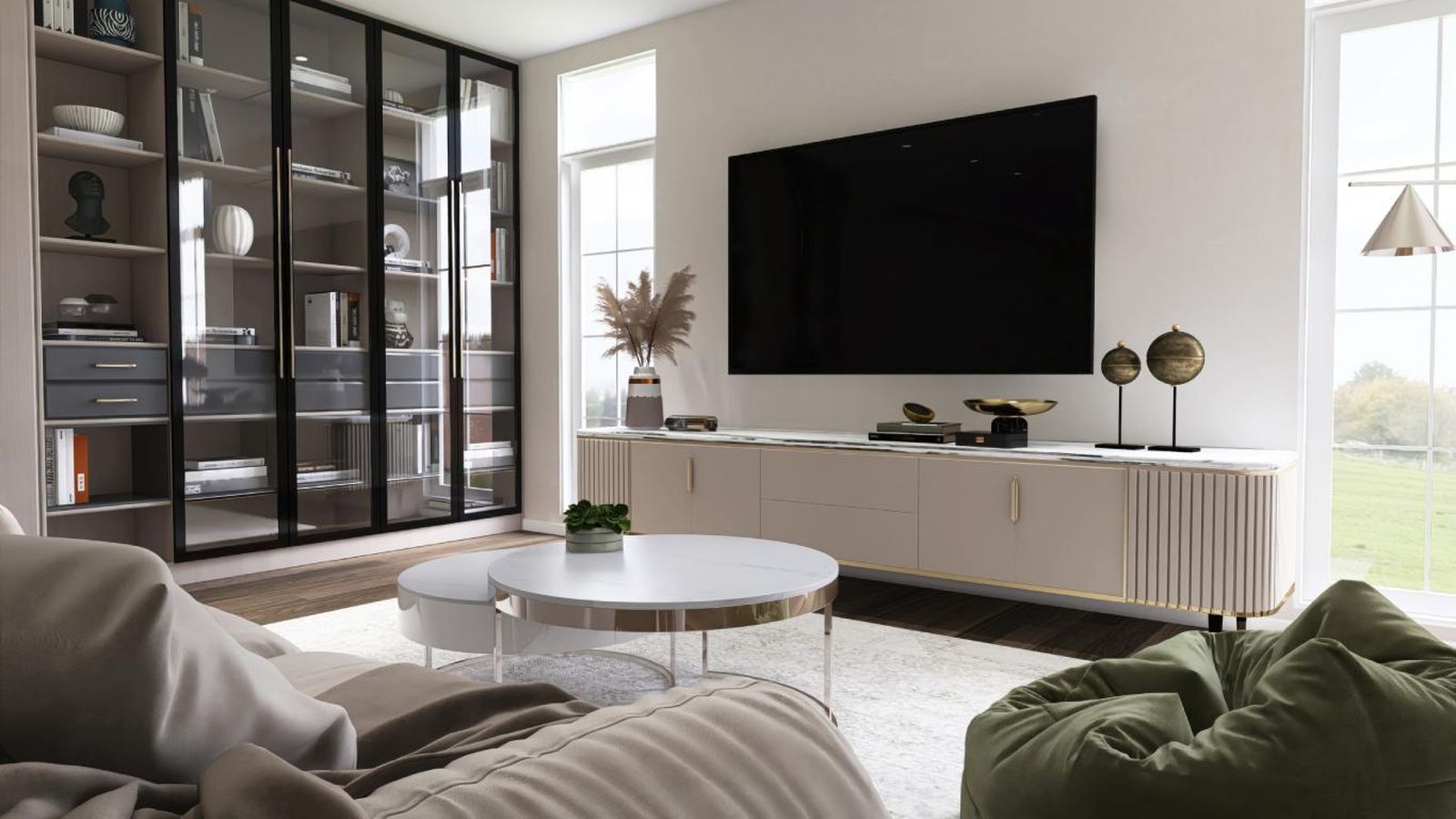 Salón moderno con vitrina.