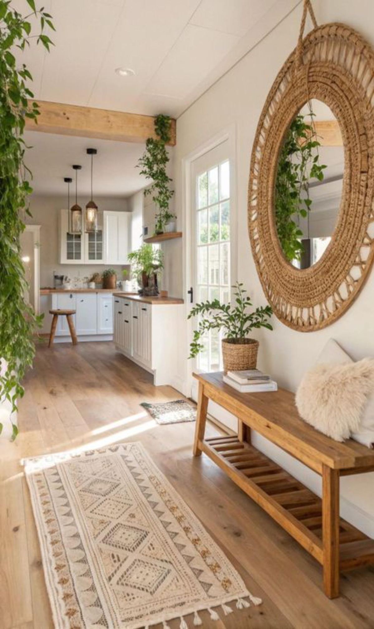 Recibidor de estilo boho con un espejo grande de fibras naturales.