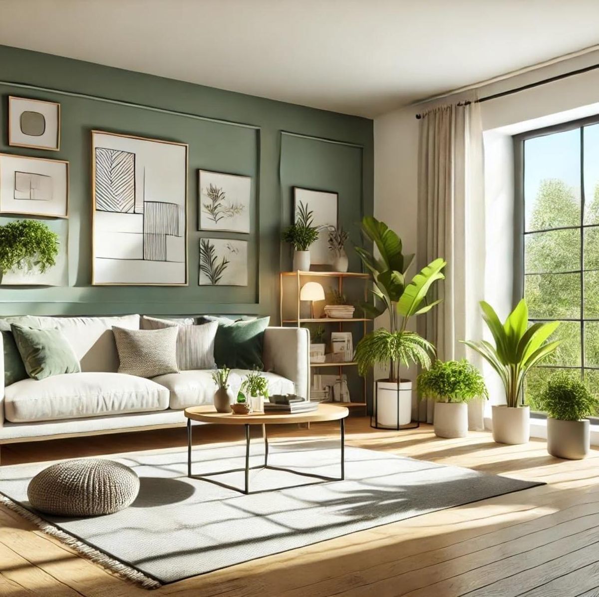 Salón con decoración tropical en verde.