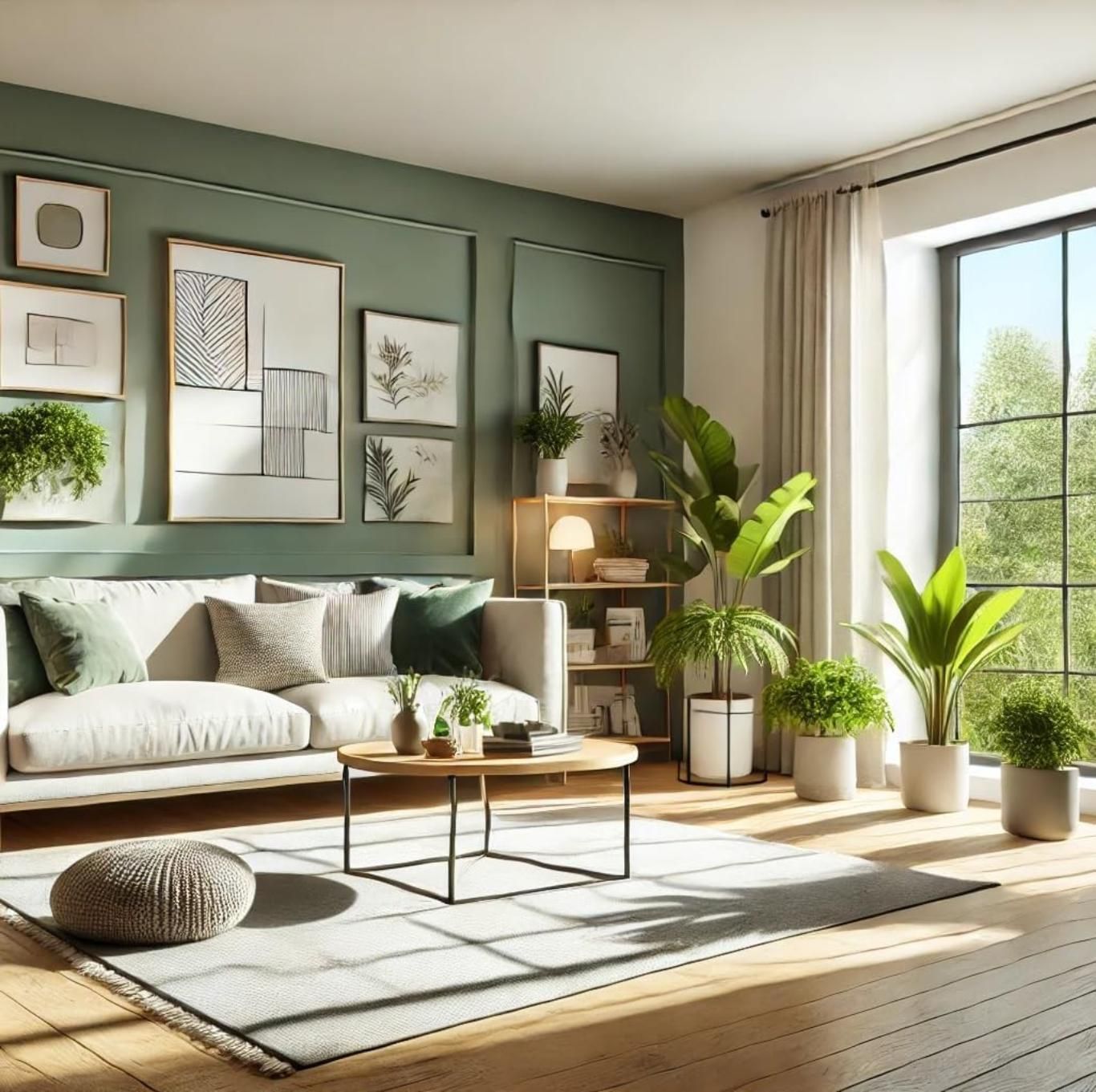 Salón con decoración tropical en verde.
