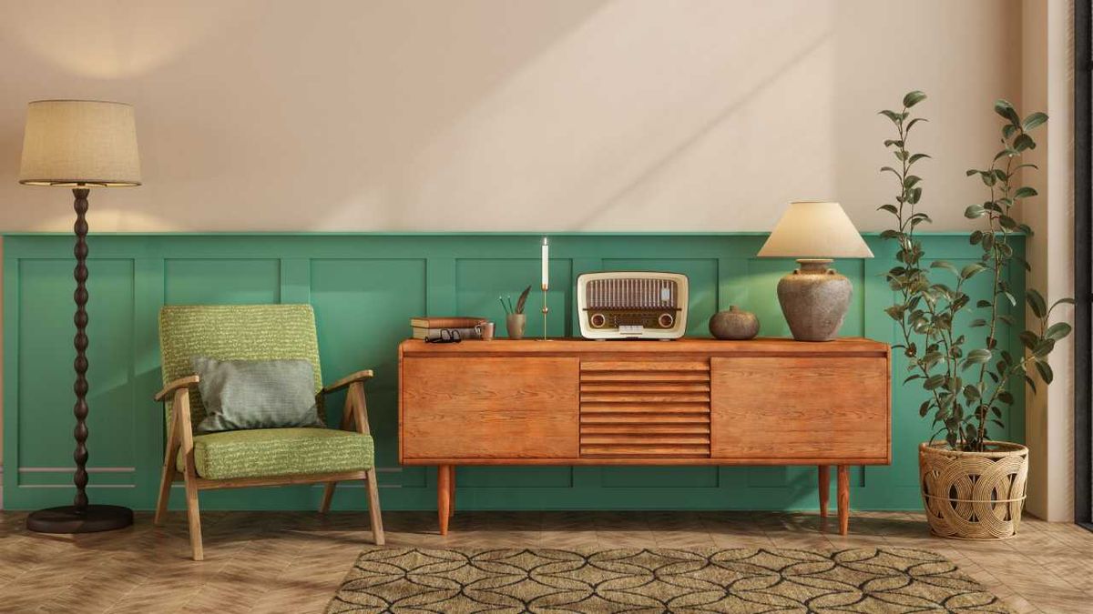 Salón con decoración de estilo mid century.