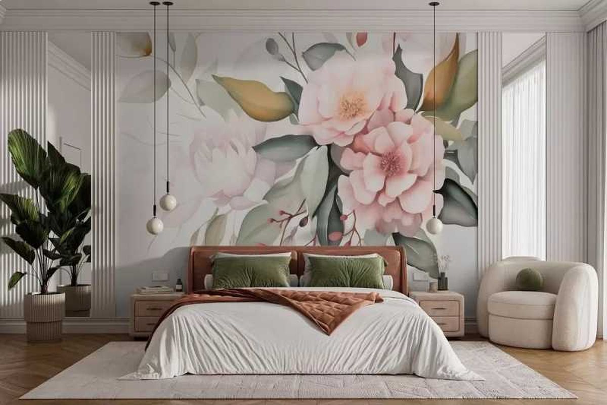 Dormitorio con pared con mural floral.