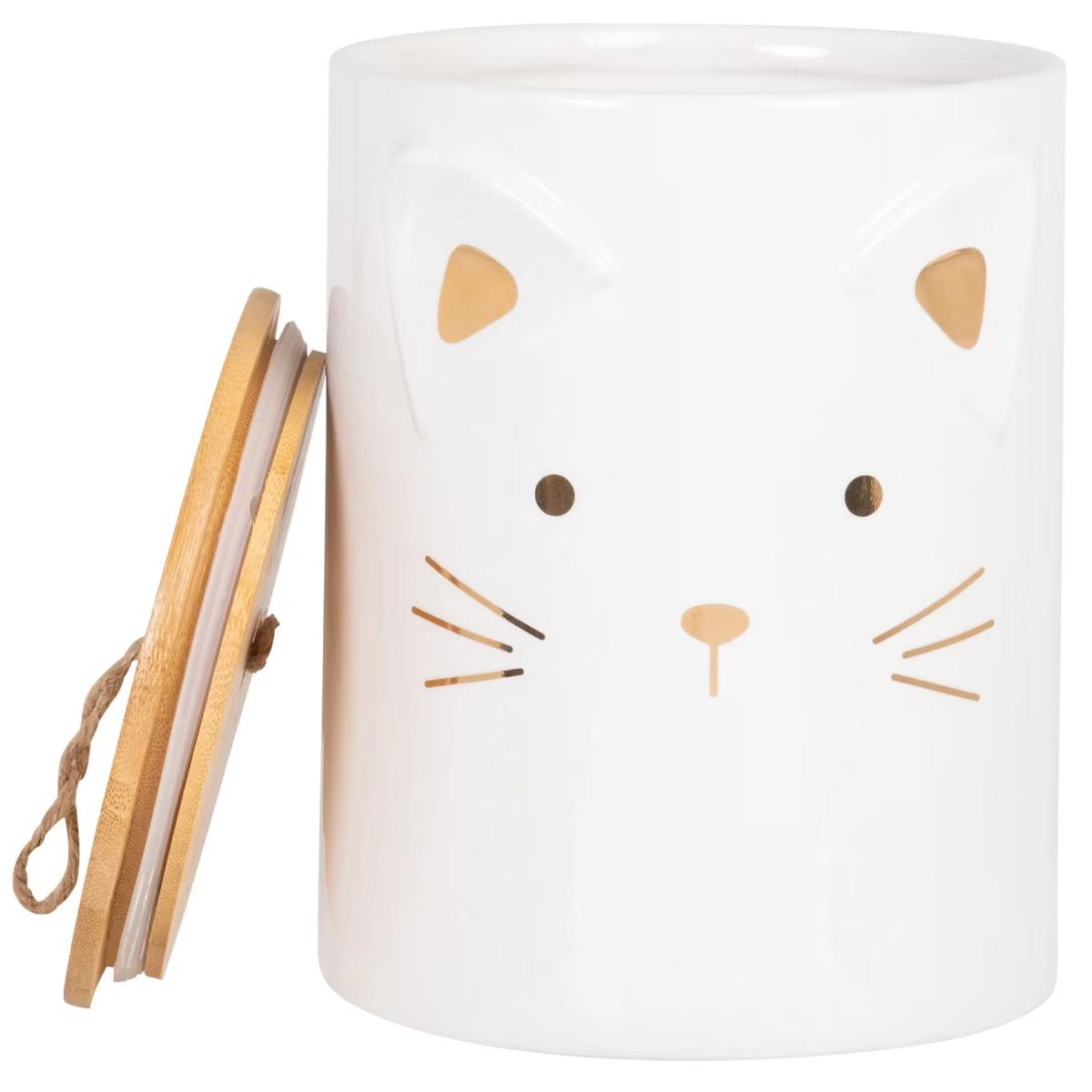 Caja de comida para gatos de cerámica blanca y dorada con tapa de bambú.