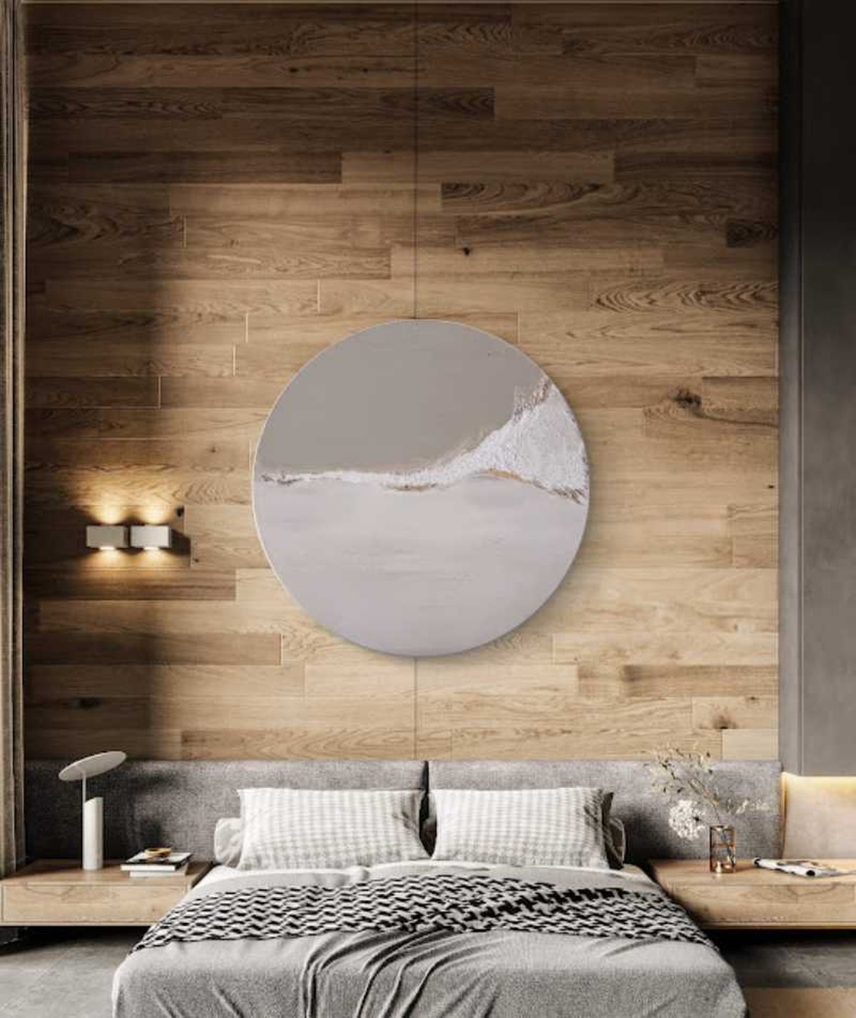 Cuadro redondo Pureza decorando un dormitorio.