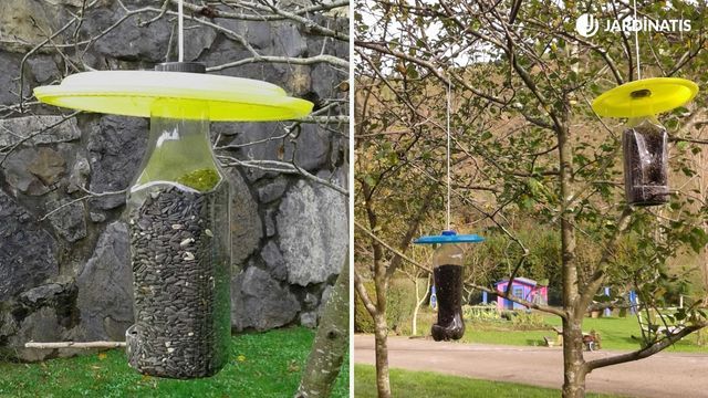 Botellas de plástico transformadas en comederos para pájaros