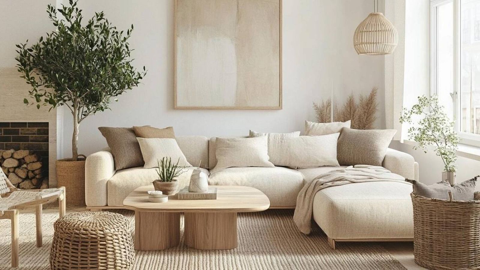 Salón beige decorado con cestas de mimbre.