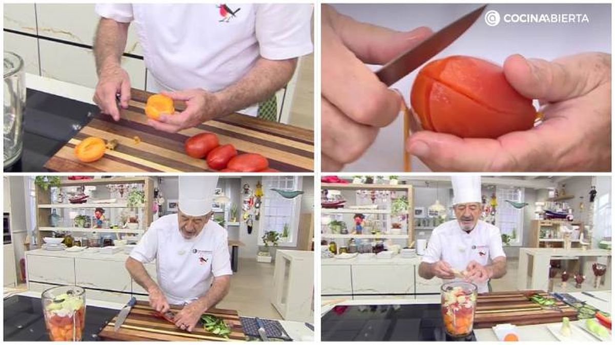 Karlos Arguiñano prepara la fruta y la verdura para elaborar gazpacho de albaricoques