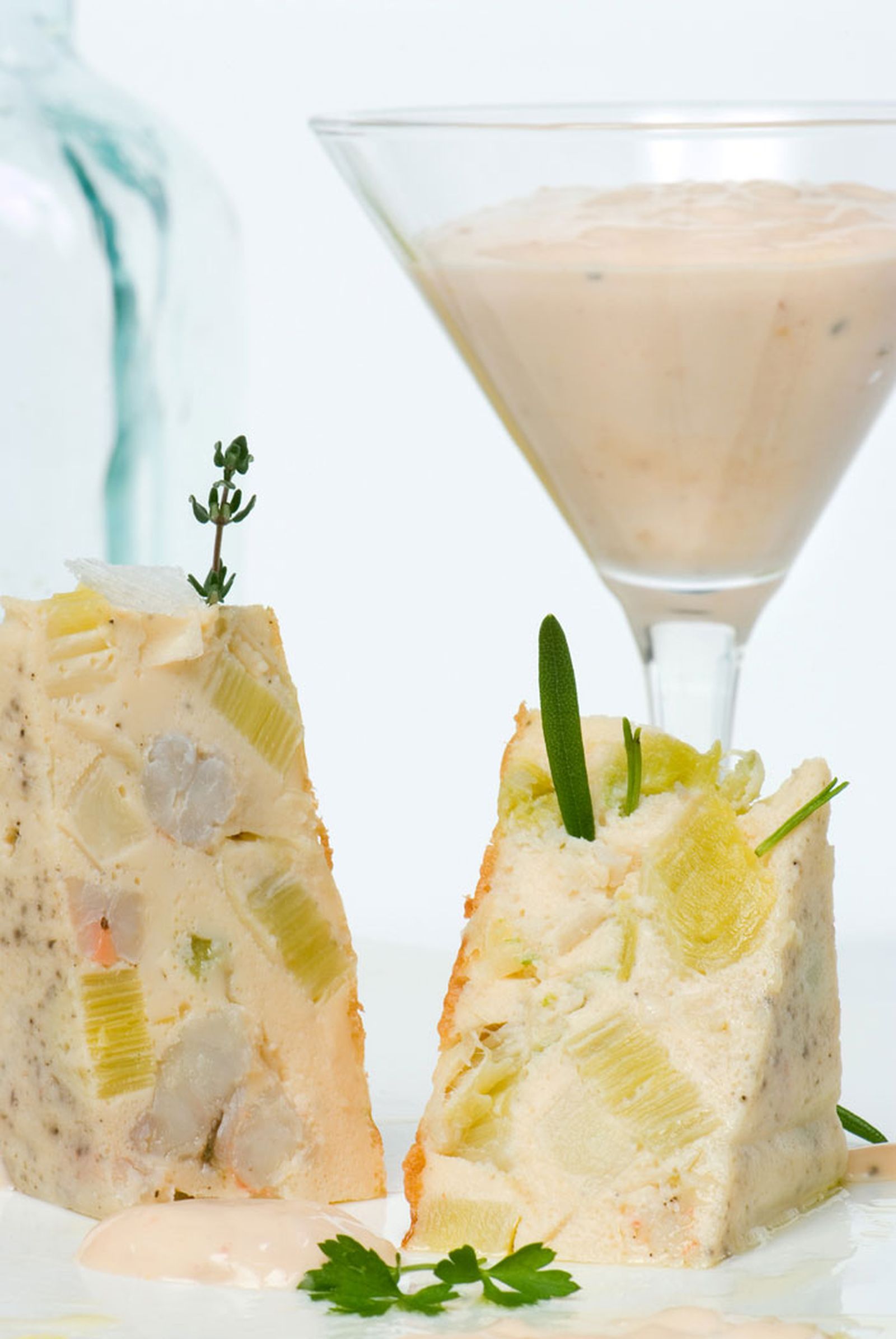 Pudin de puerros y gambas