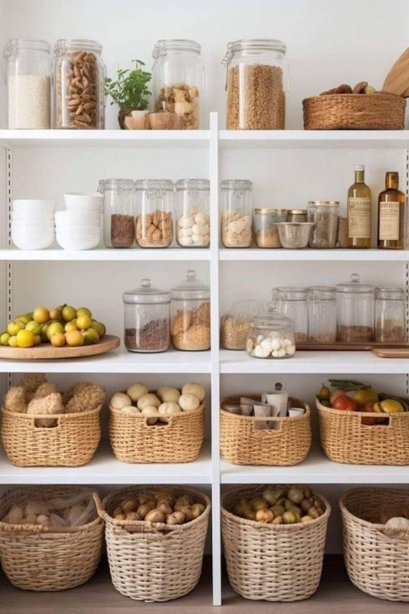 Estantería con cestas para guardar alimentos.