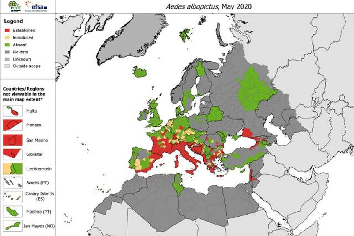 mapa distribucion en europa mosquito tigre Aedes albopictus