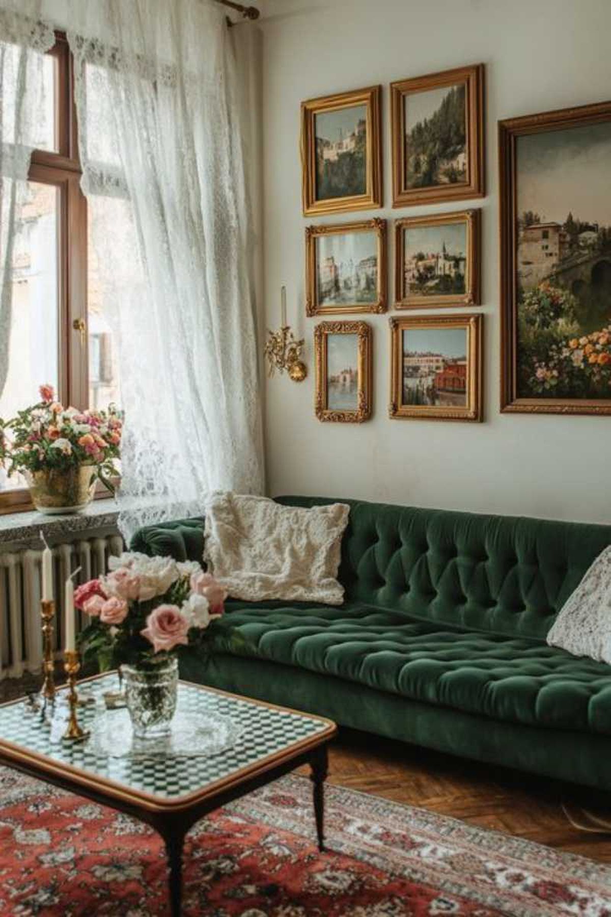 Salón elegante retro glam con sofá verde esmeralda de terciopelo y adornos dorados.