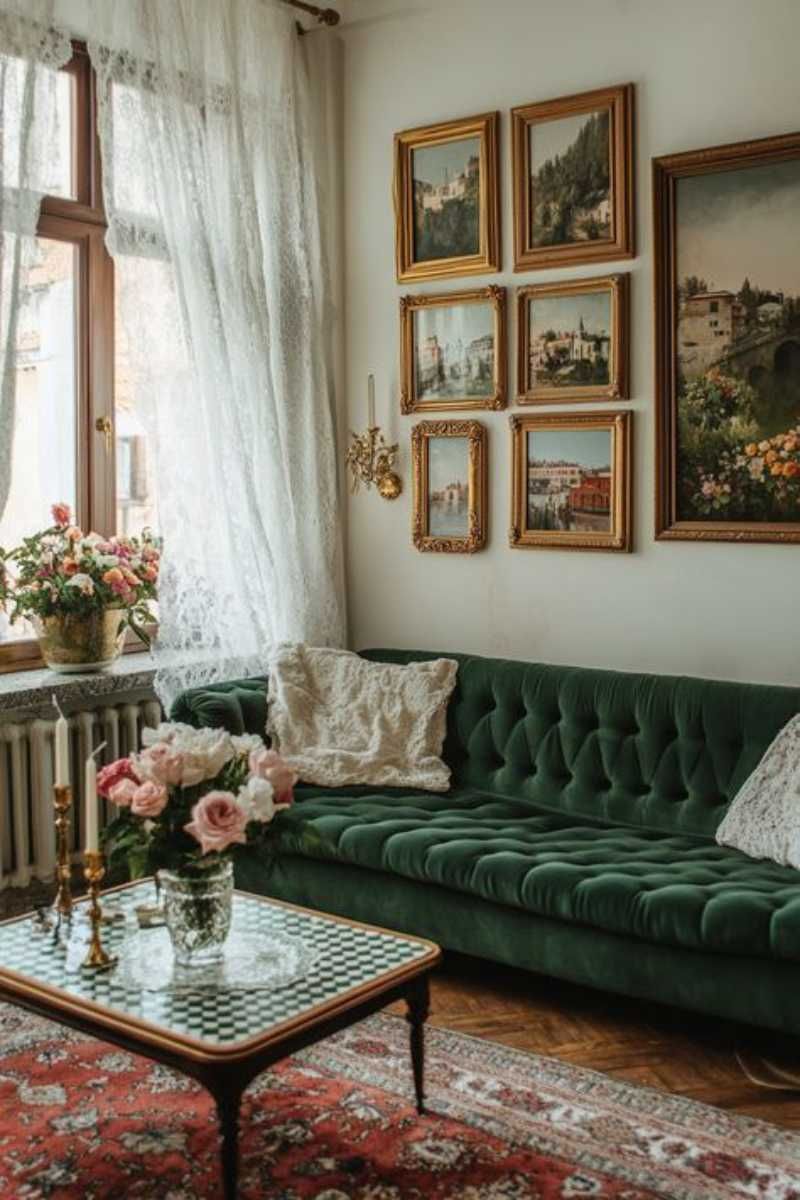 Salón elegante retro glam con sofá verde esmeralda de terciopelo y adornos dorados.