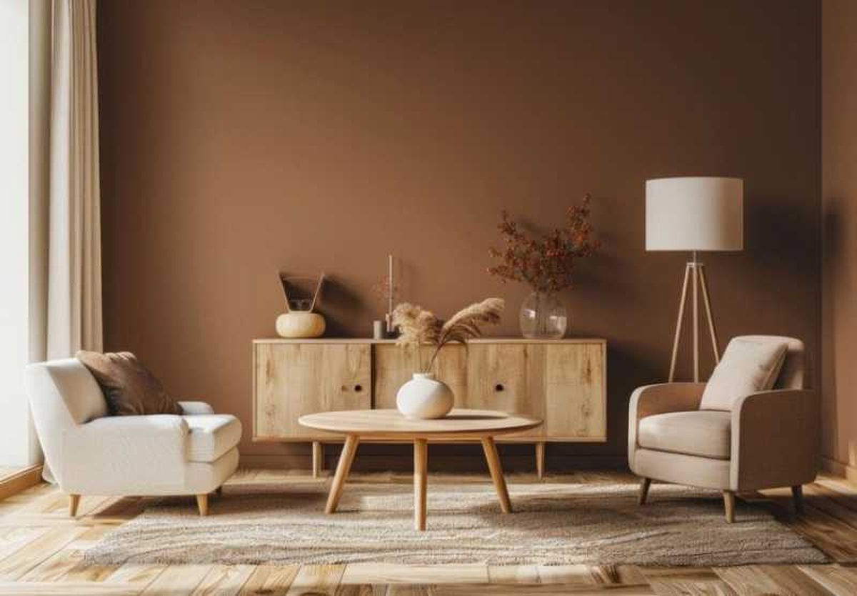 Salón decorado en Mocha Mousse y beige.