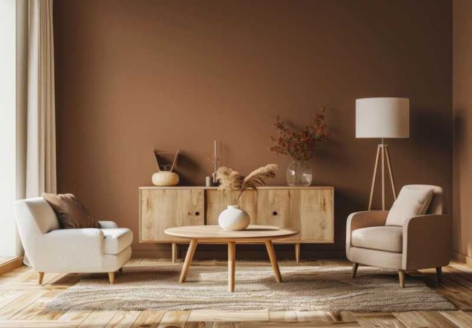 Salón decorado en Mocha Mousse y beige.