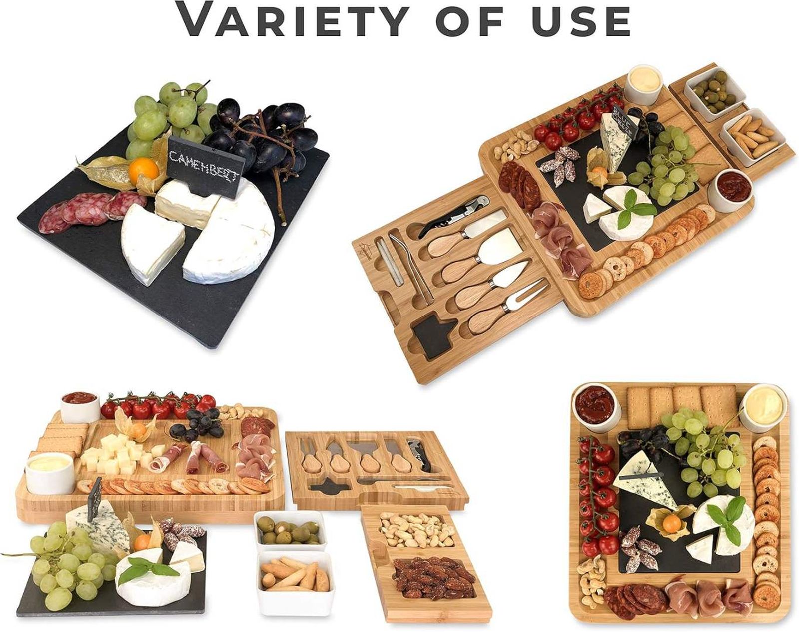Set tabla de queso de bambú con cuchillos, cuencos y abrebotellas.