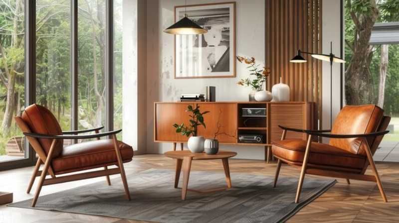 Salón moderno con muebles vintage.
