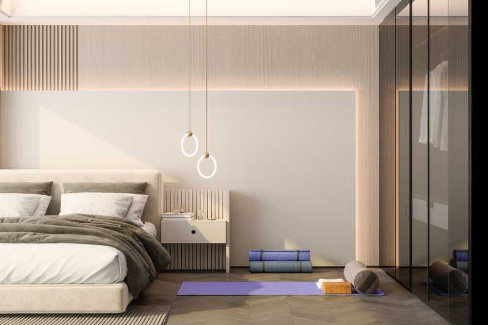 Dormitorio con mesilla de noche práctica.