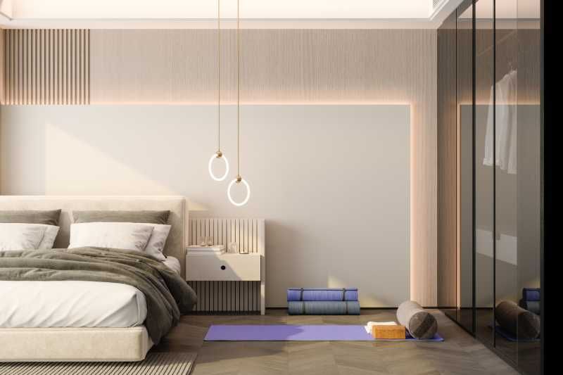 Dormitorio con mesilla de noche práctica.