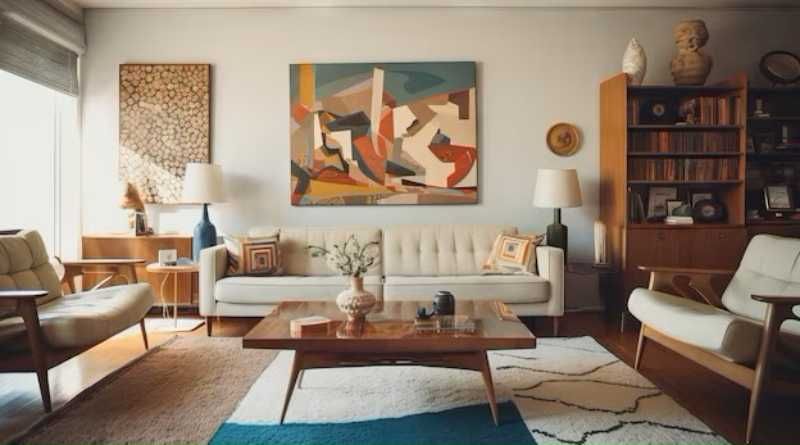 Salón con muebles vintage y piezas modernas.