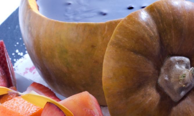 fondue de calabaza con chocolate y fruta