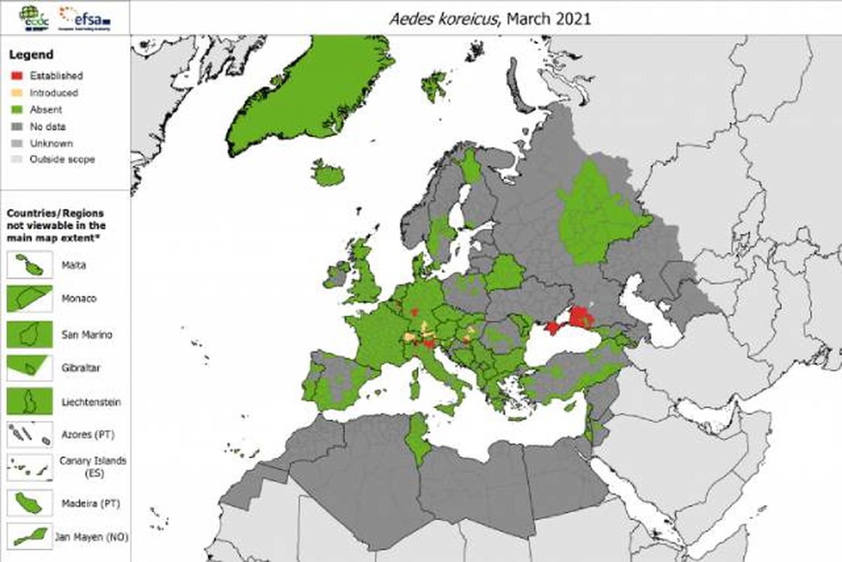 mapa distribucion en europa mosquito Corea Aedes koreicus