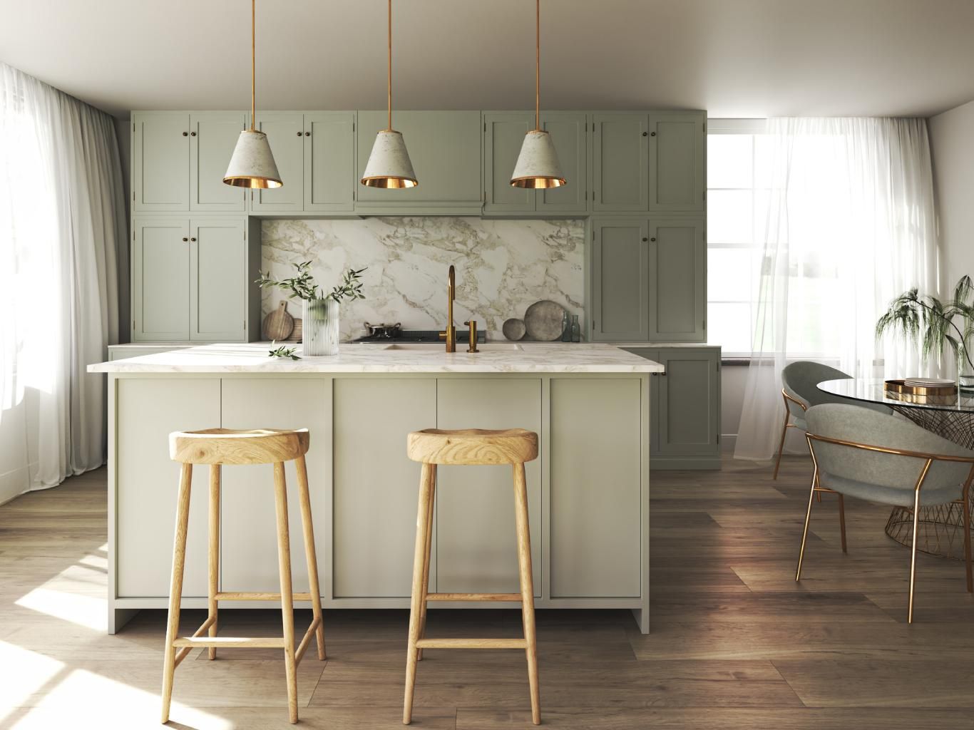 Cocina moderna con lámparas colgantes.