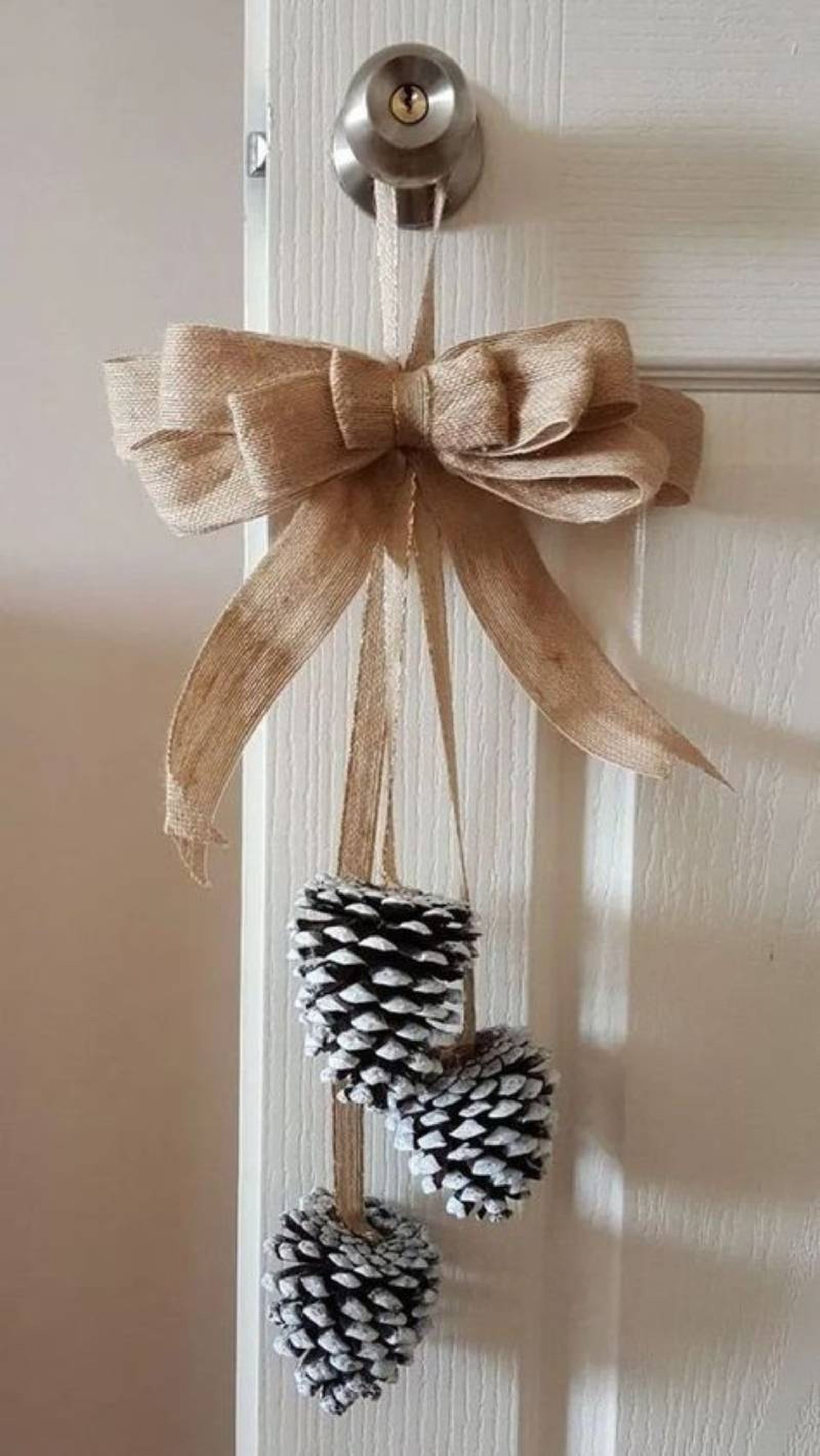 Adorno para la puerta con piñas secas y un lazo.